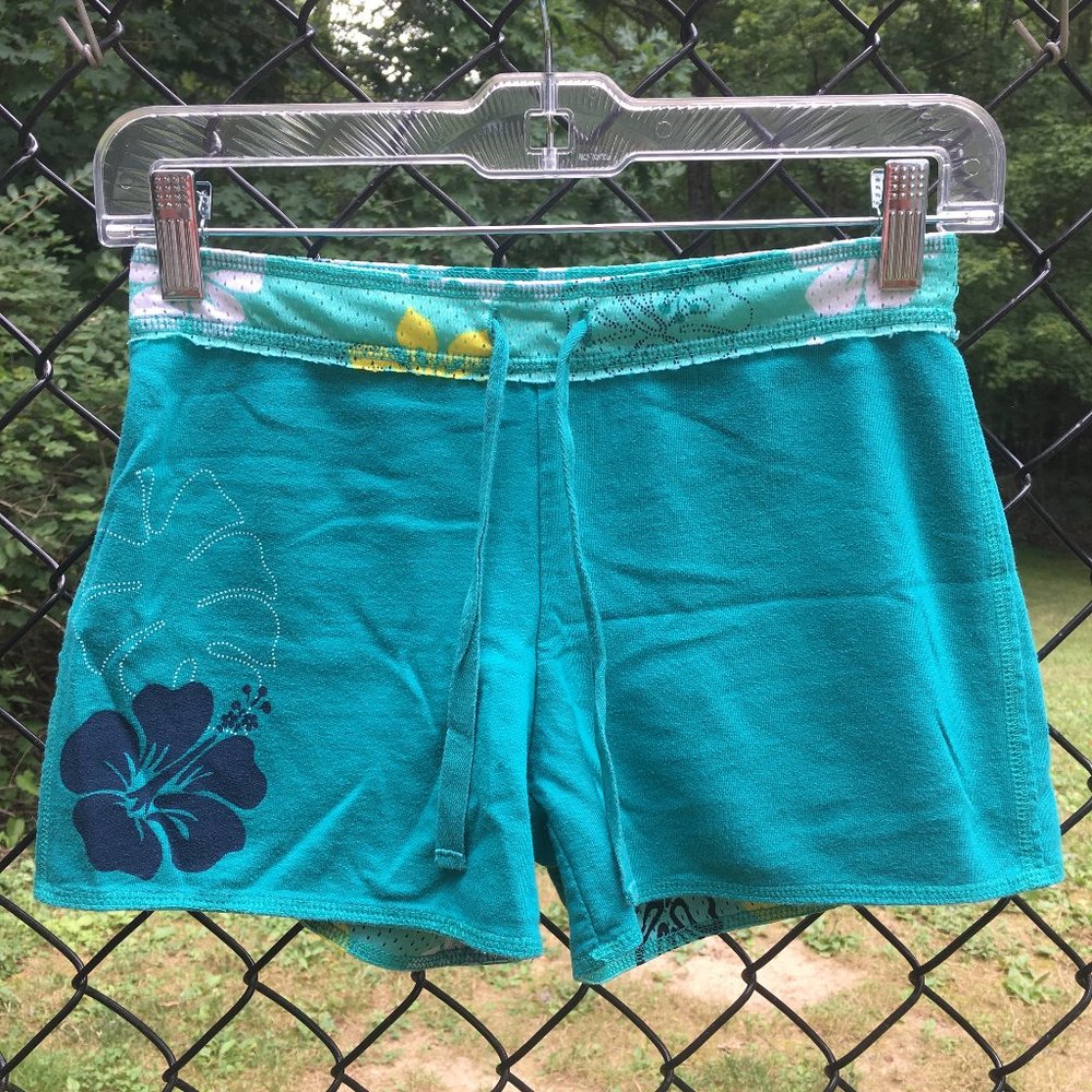 Girl'sTeal Hibiscus Flower Print Reversible Shorts